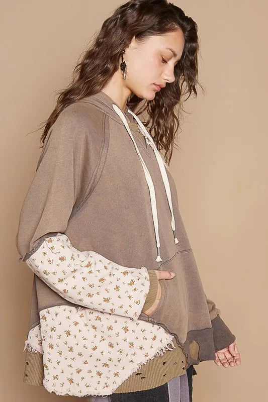 Floral Patchwork Distressed Drawstring Hoodie a9d4d8c2-489d-4cb1-8751-391827f316d1-Max