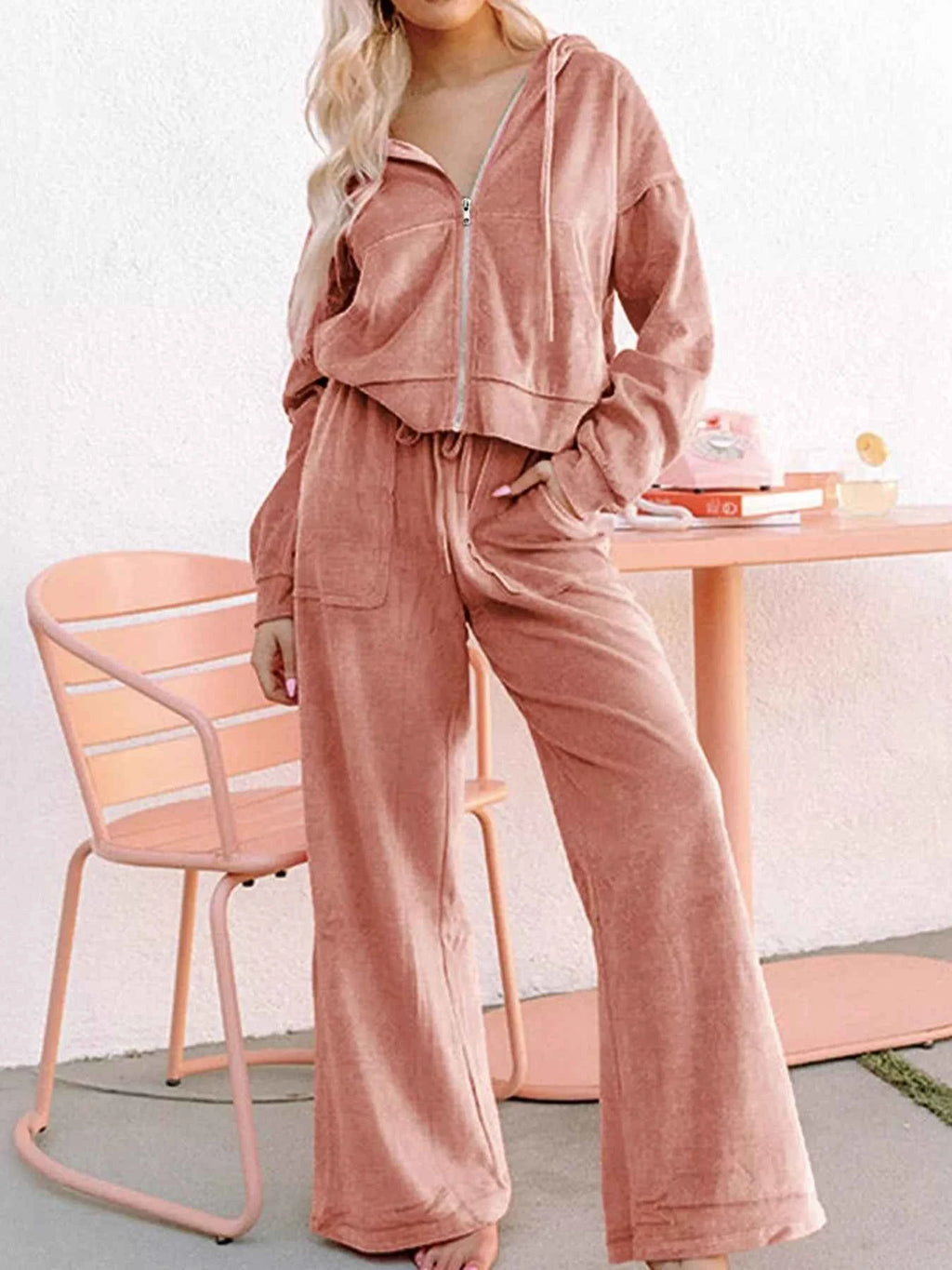Zip Up Dropped Shoulder Hooded Top and Pants Set Watermelon pink a9dadca8c3dc4948bfffd1057bf4a8ca-Max-Origin