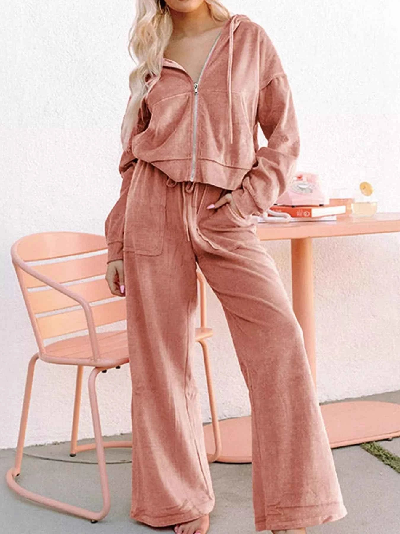 Zip Up Dropped Shoulder Hooded Top and Pants Set Watermelon pink a9dadca8c3dc4948bfffd1057bf4a8ca-Max-Origin