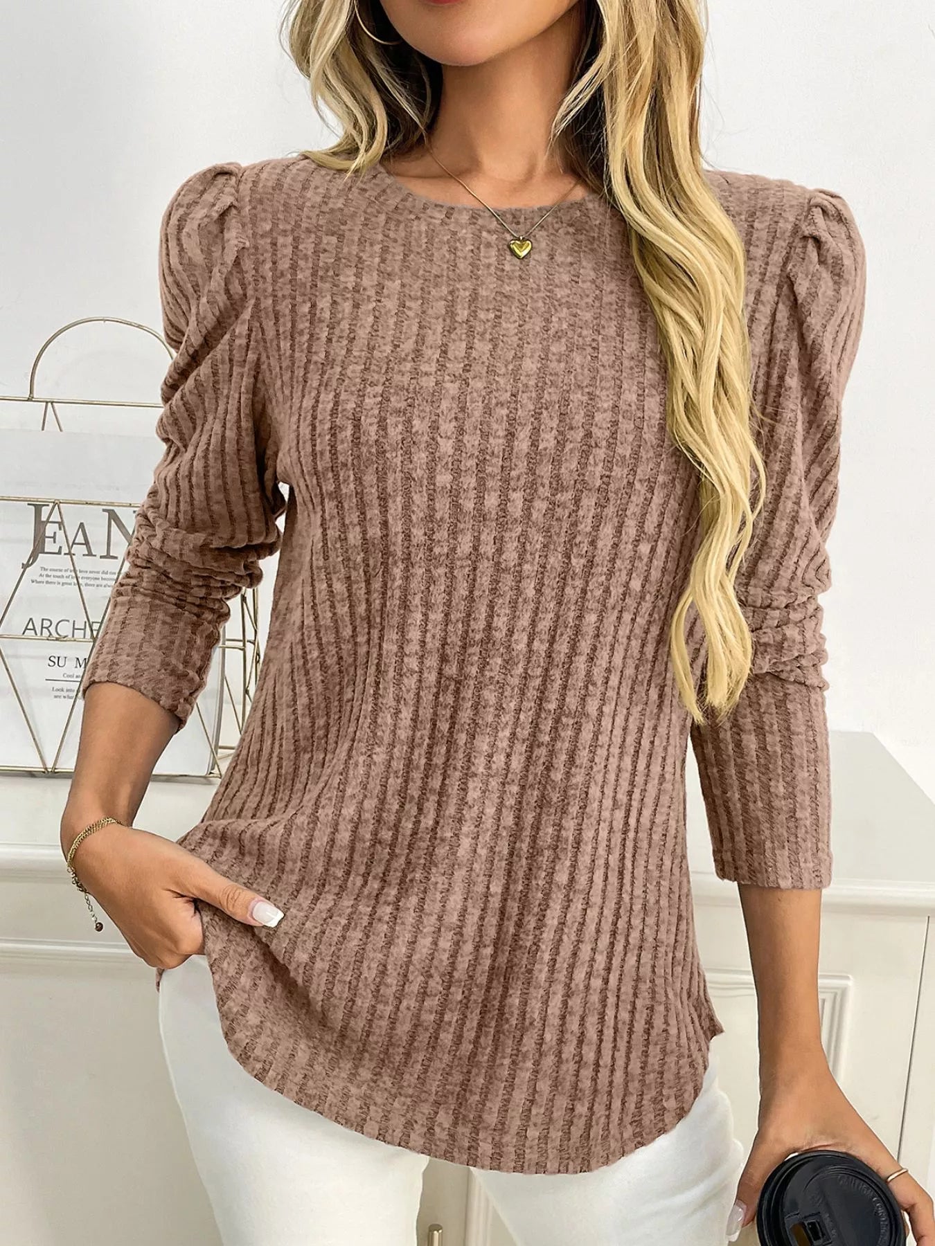 Round Neck Puff Sleeve T-Shirt Camel a9dec58b-a9f0-48e7-95bb-46bfac10be1b-Max-Origin