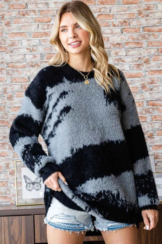 First Love Full Size Abstract Pattern Contrast Feather Yarn Sweater a9e37470-2cc6-401c-9fc7-d49819128a96-Max