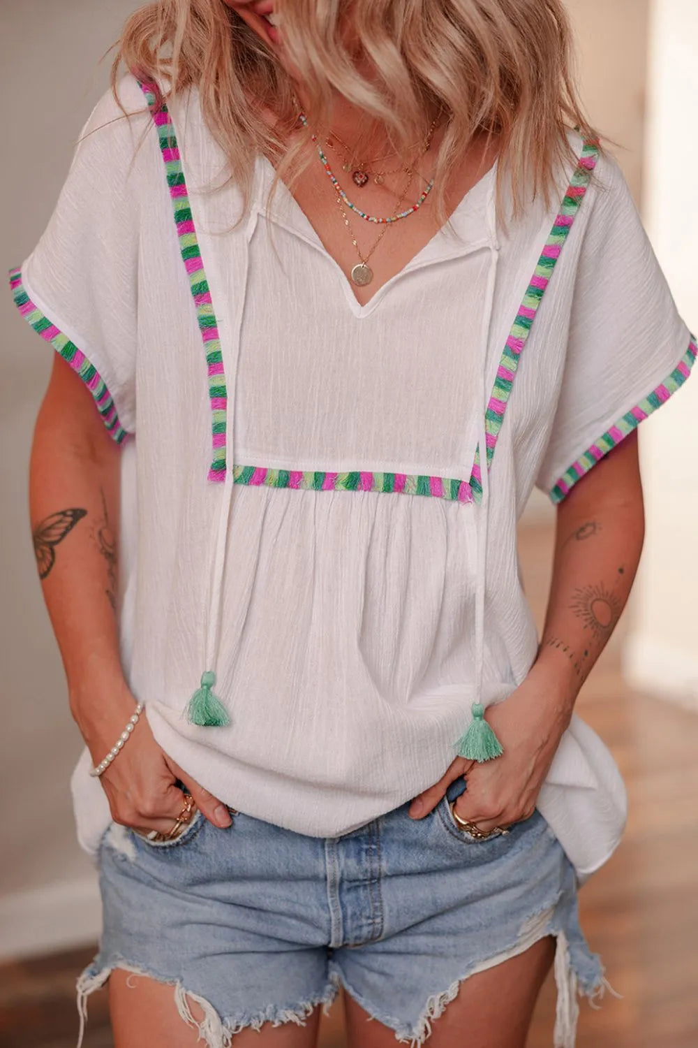 Tassel Tie Neck Short Sleeve Blouse White a9e3c081-ce48-47af-839c-8632be7b75f7-Max