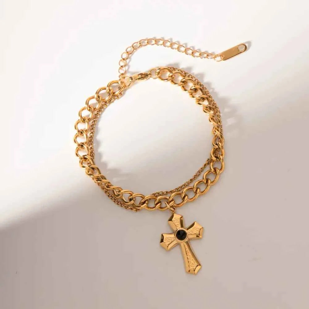 Stainless Steel Imitation Gemstone Cross Shape Pendant Bracelet Gold One Size a9e7126c-6dcb-4880-9d18-b5b397661819-Max