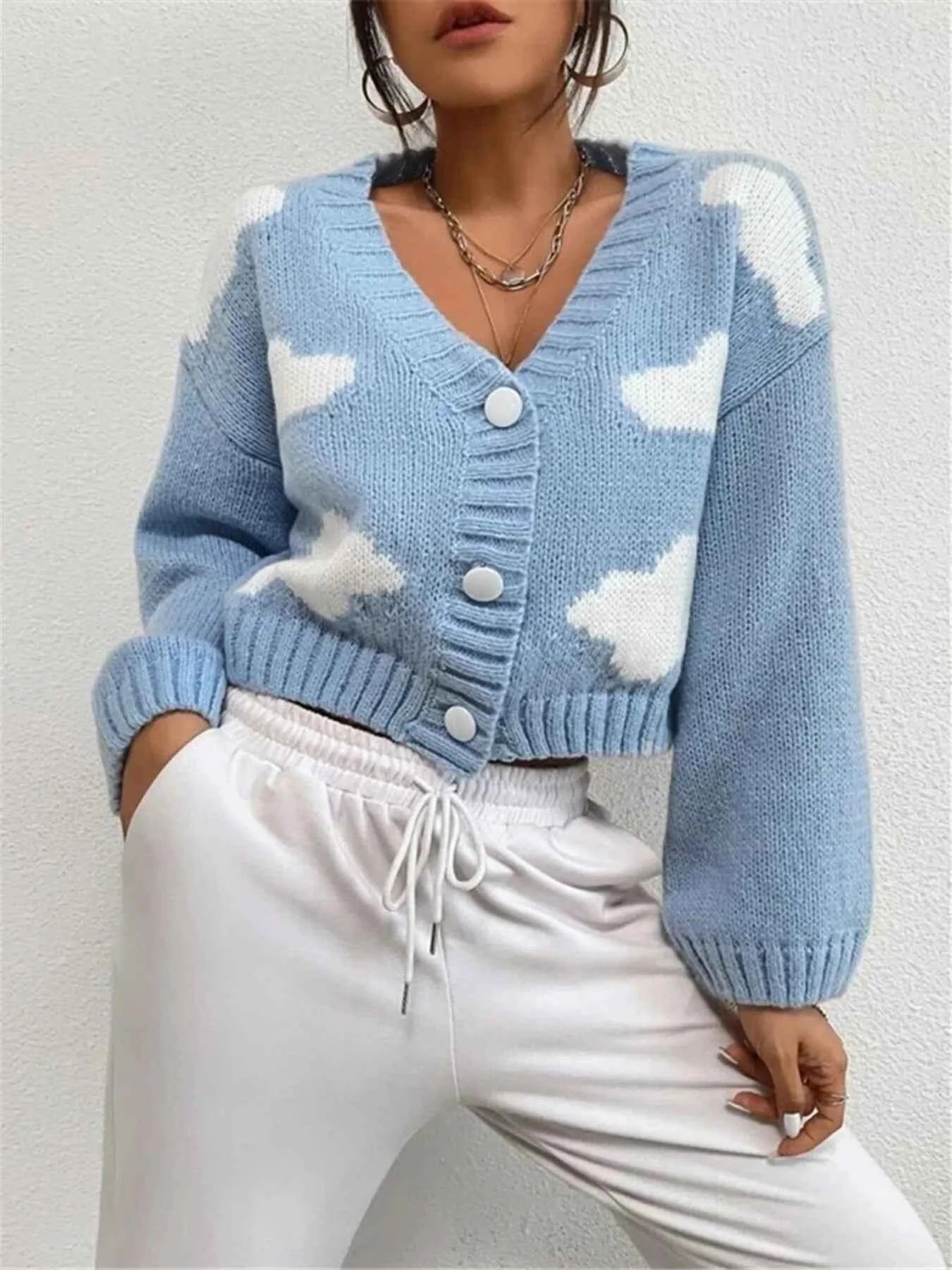 Contrast Cloud Pattern Cropped Button-Up Cardigan a9e94470a4fc435ca900556e194c2001-Max-Origin