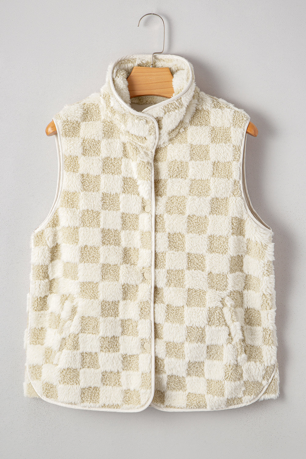 Khaki Sherpa Checkerboard Snap Button Vest Jacket a9f0438cf7eed691