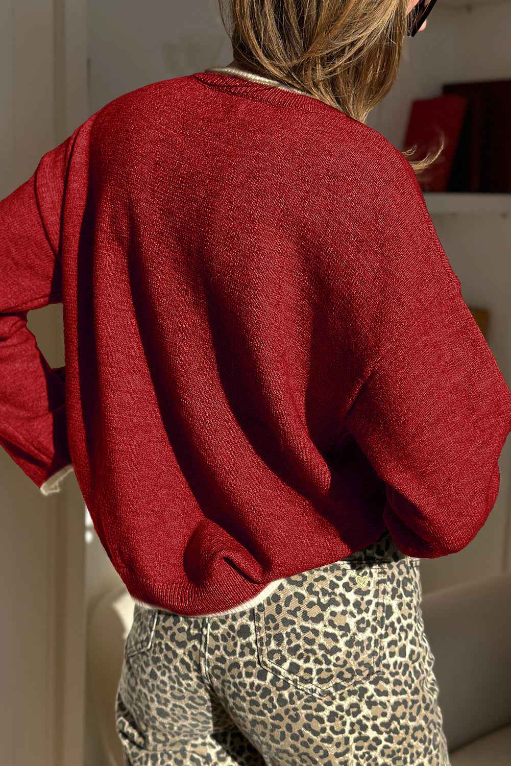 Racing Red Leopard Bow Decor Split Cuffs Contrast Trim Sweater a9f1ff992662d7d1