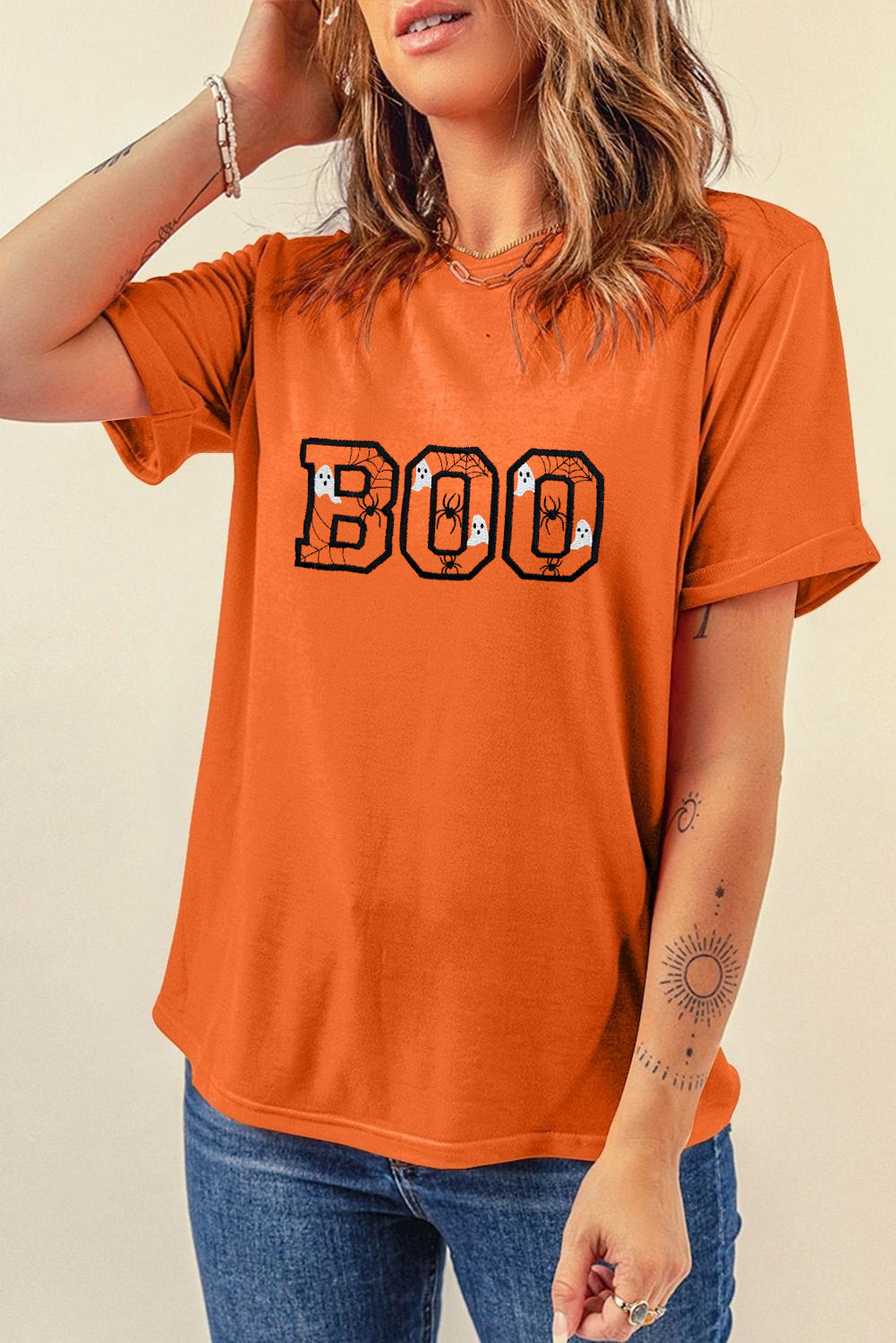 Orange BOO Halloween Ghost Sipder Embroidered Graphic Tee a9f405704b3e7168