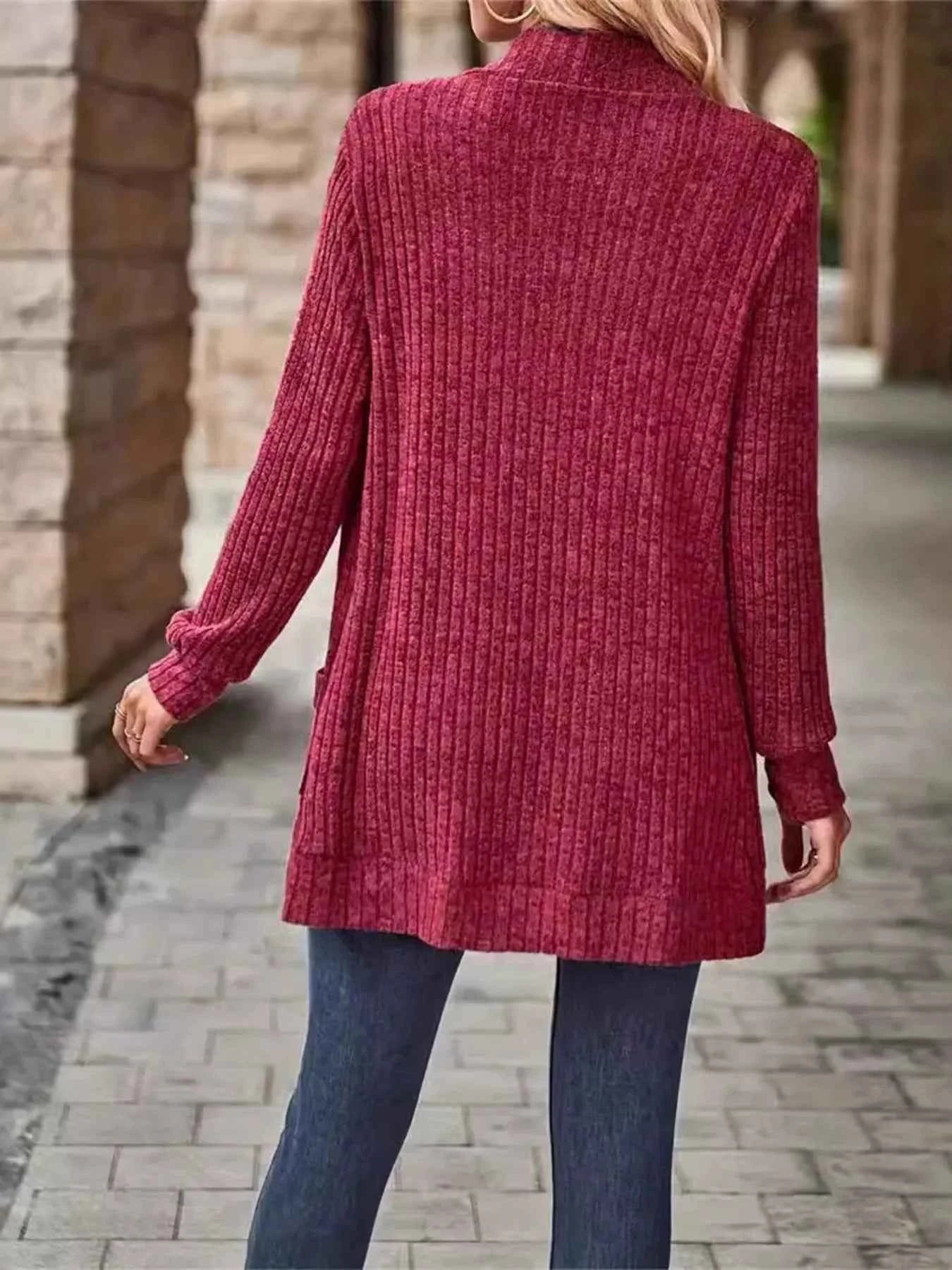 Ribbed Open Front Long Cardigan with Pockets