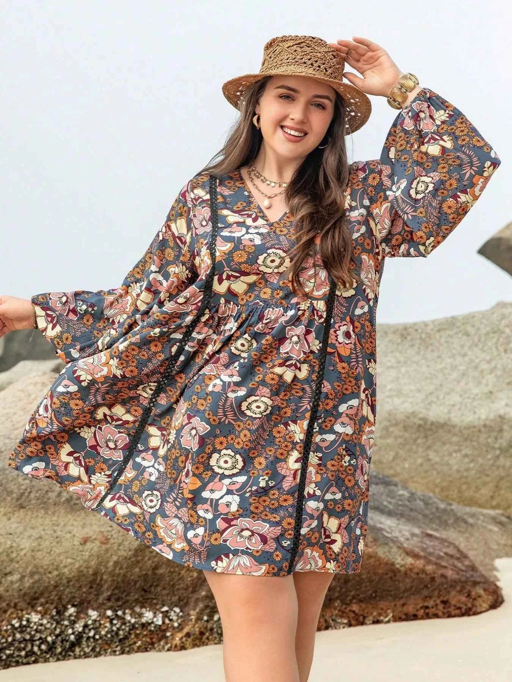 Plus Size Floral Print Long Sleeve Mini Dress a9f461e0-8081-4f5e-9c26-8d676f9e5ec9-Max-Origin