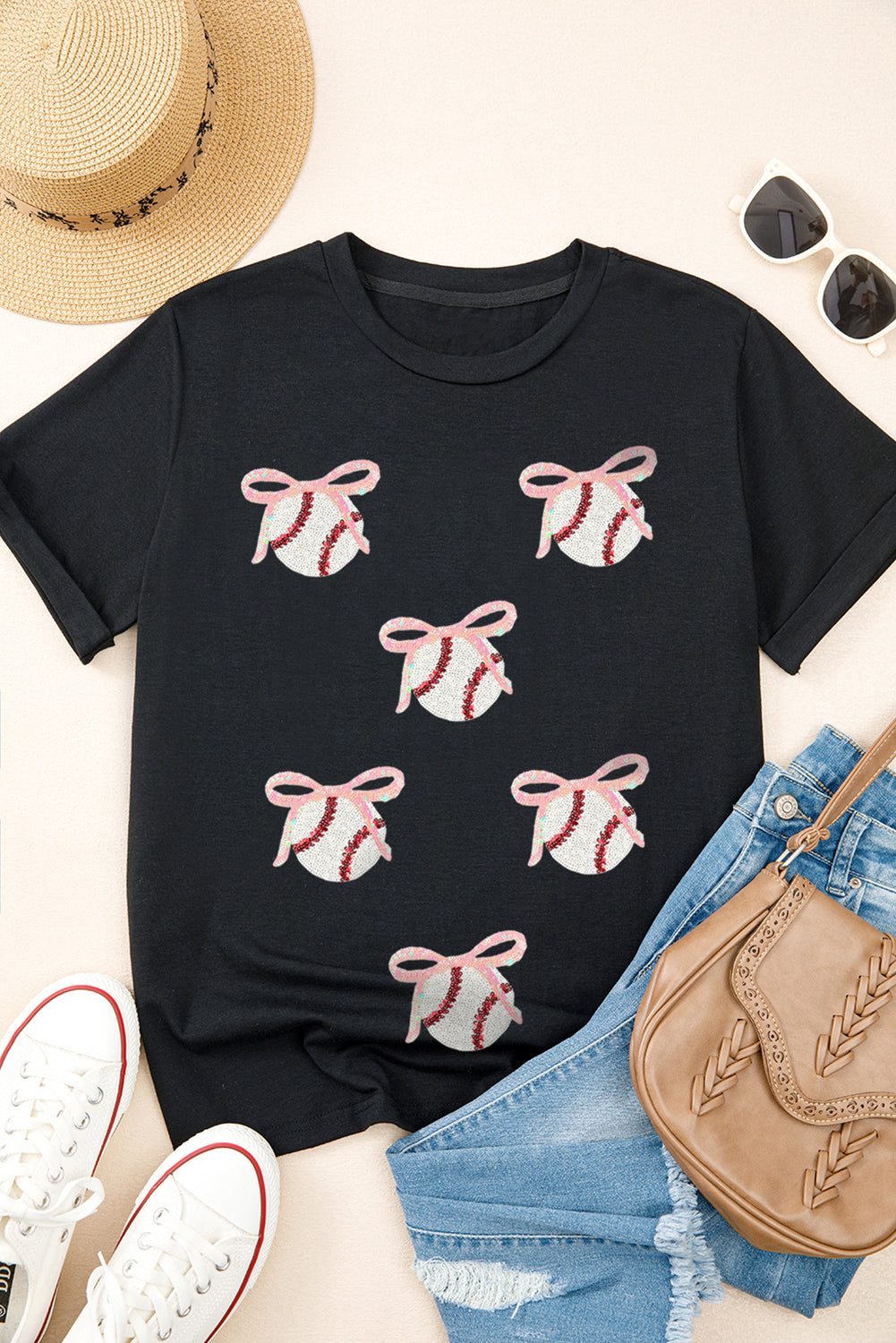 Black Shimmering Sequin Bow Ball Patterned Game Day Casual Tee a9f59f1013d07959