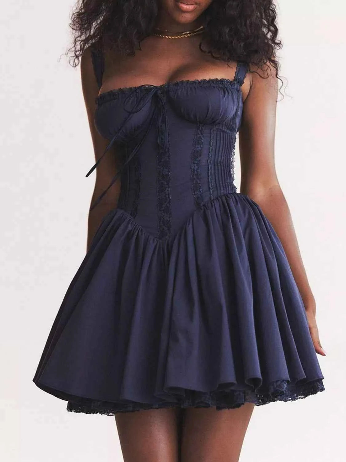 Lace Detail Lace Up Back Mini Dress Dark Blue a9f986f9-e05d-461c-adf2-be33d2e34f80-Max-Origin