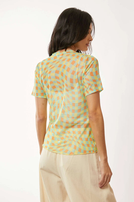 Checker Board Printed Mesh Short Sleeve Top a9fd7998bac34fafaec4e78a953c0dea-Max-Origin