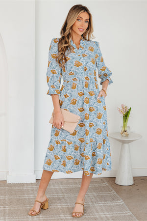 Brown Floral Printed Frilled V Neck Bracelet Sleeve Long Dress Brown 55%Cotton+45%Viscose a9fdf861d805289b