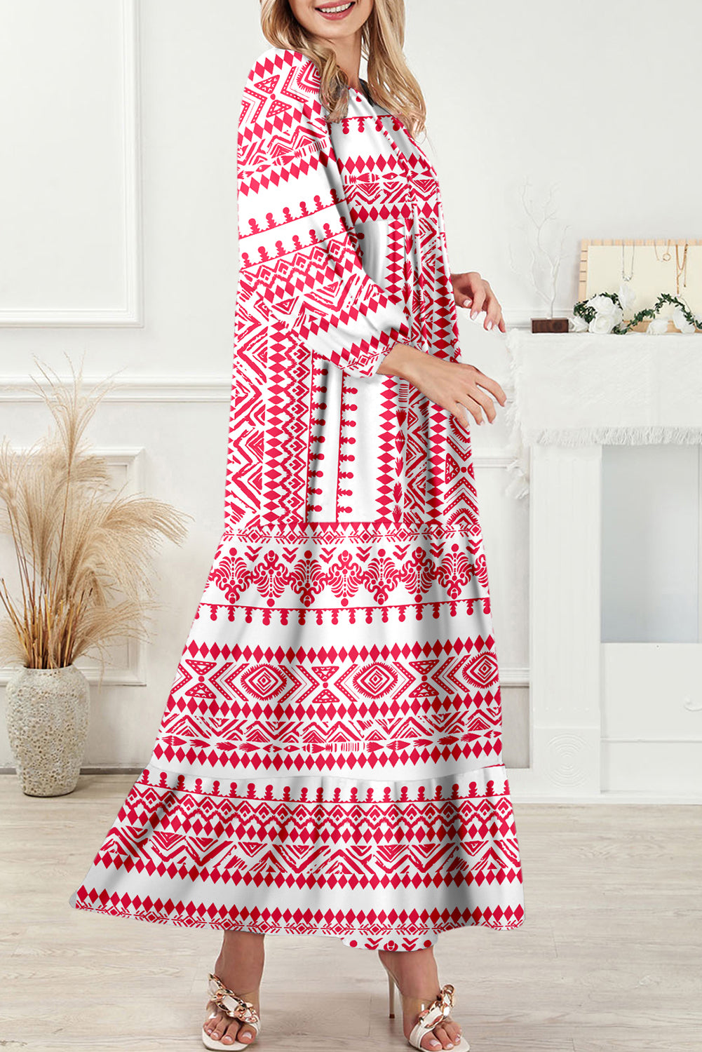 Red Boho Printed Half Sleeve Maxi Dress aa01de944d8cb8cd