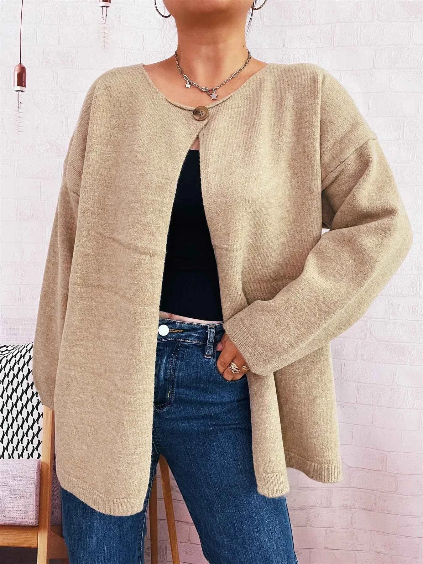 One Button Front Drop Shoulder Cardigan Khaki One Size aa034b1bea274e7f9e7e4fabfaed0927-Max-Origin