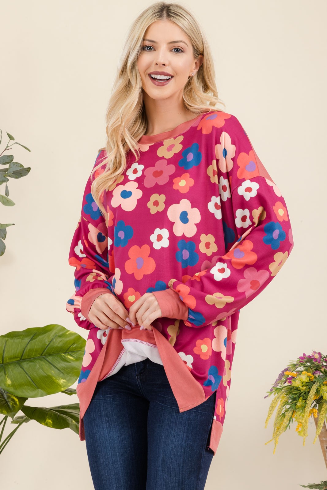 Celeste Full Size Side Slit Flower Print Long Sleeve Top