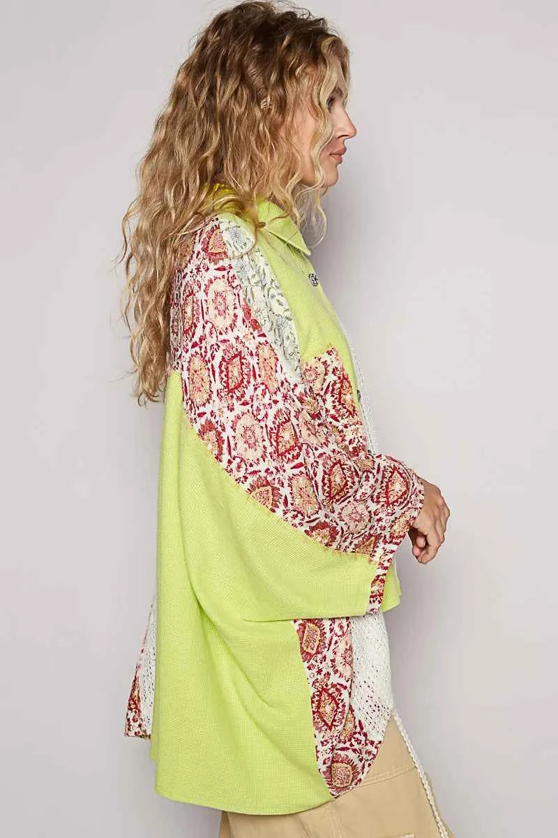 POL Thermal and Crochet Lace Mix Shirt with Floral Pattern