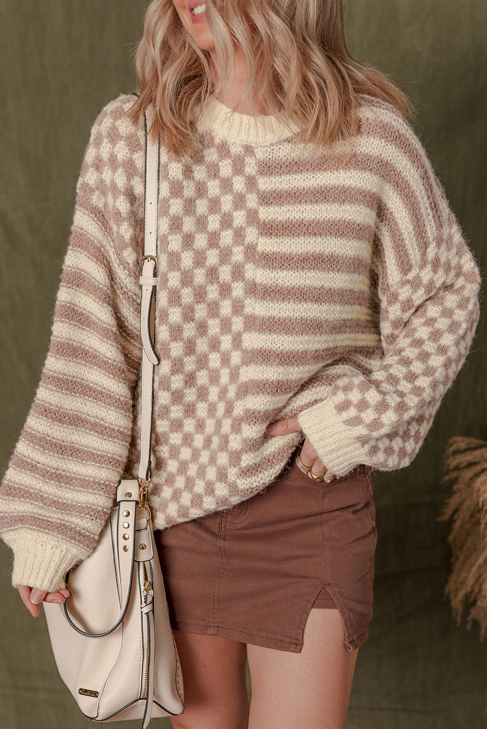 Khaki Stripe Checkerboard Drop Shoulder Balloon Sleeve Sweater aa0ca655b1e06089