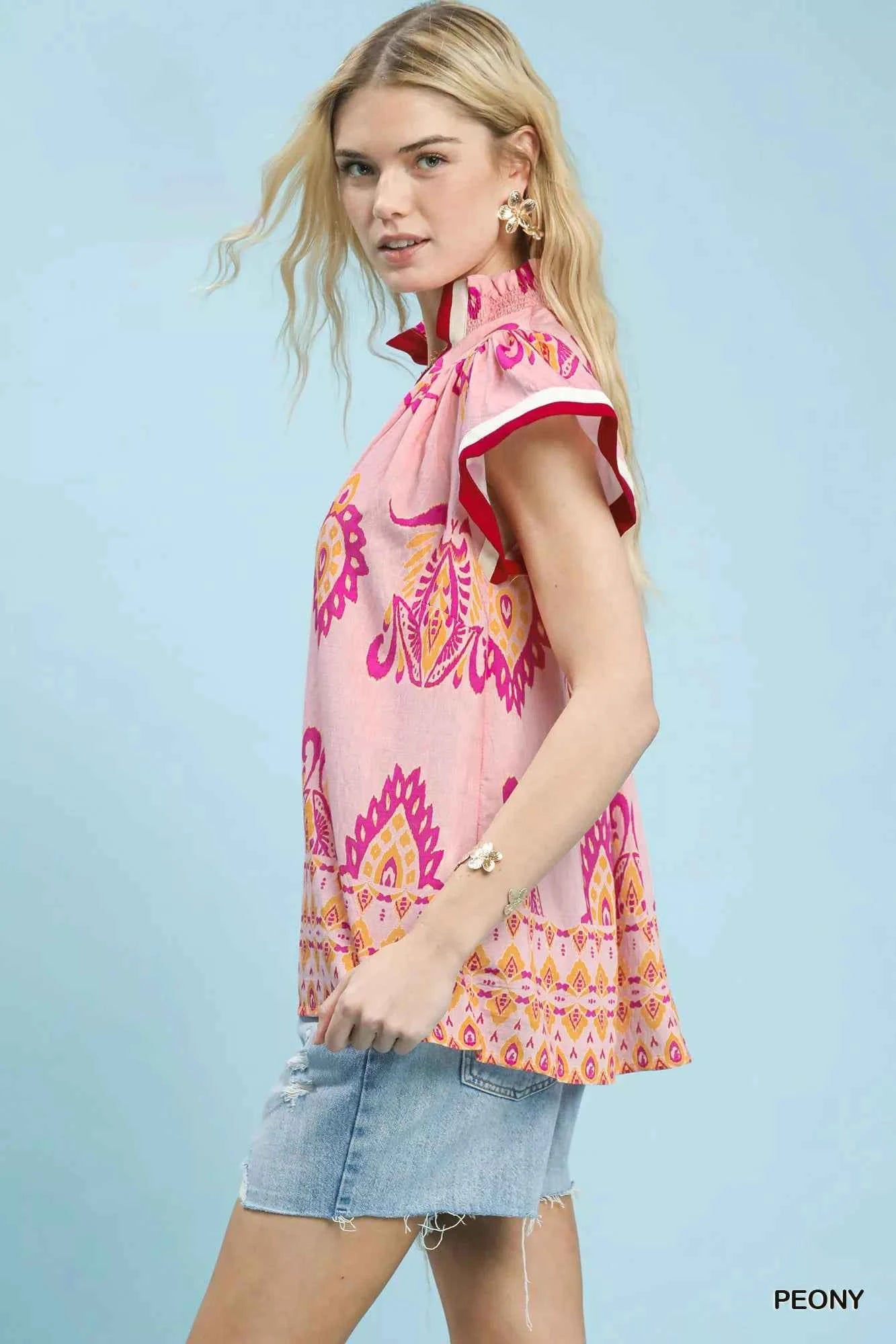 Umgee Border Print Split-Neck Boho Top aa15159f-6d11-4c22-b681-29105e95d049-Max-Origin