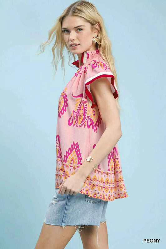 Umgee Border Print Split-Neck Boho Top aa15159f-6d11-4c22-b681-29105e95d049-Max-Origin