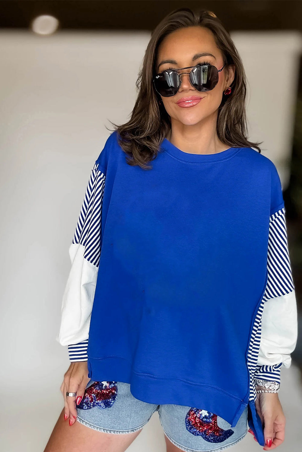 Racing Red Striped Patchwork Sleeve Colorblock Sweatshirt aa1789ee9f4bcac5