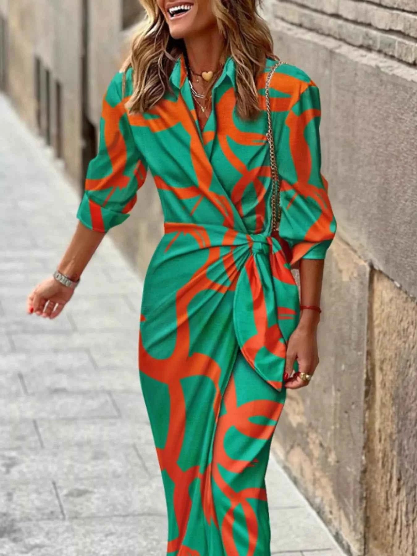Printed Collared Neck Shirt Dress Green aa188b3436ab4bdda3c61643c1c366f0-Max-Origin