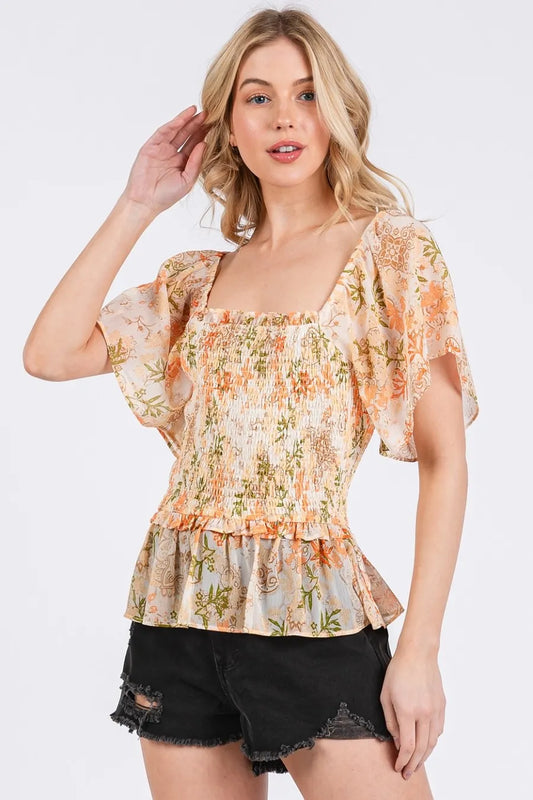 Floral Chiffon Smocked Square Neck Peplum Top aa2159c576e943af969511f196d31292-Max-Origin