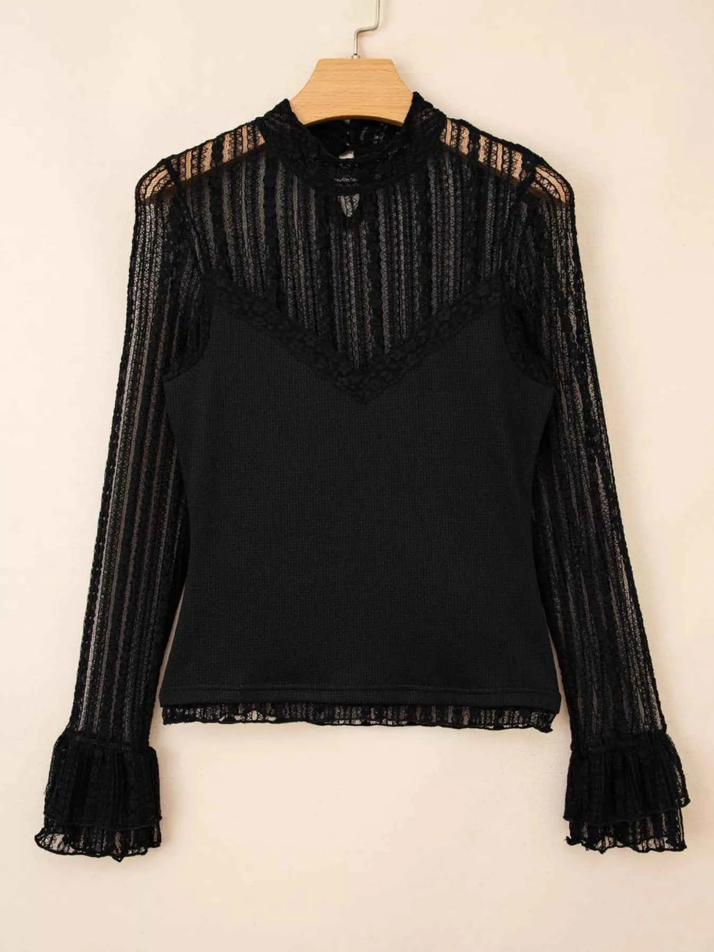 Lace Patchwork Flounce Sleeve Slim Fit Top aa26ebe26f934eca895af1d342ceebac-Max-Origin