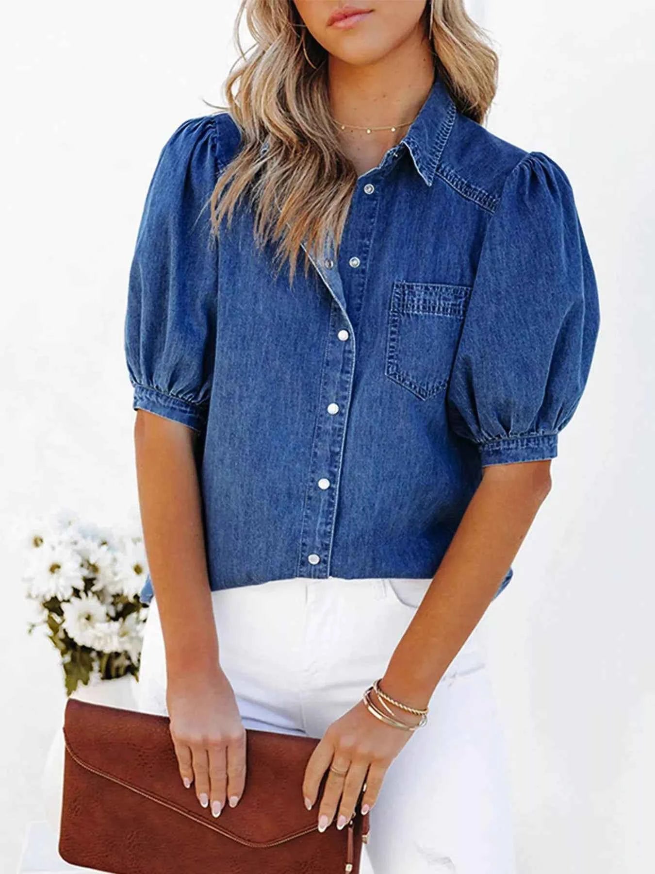 Puff Sleeve Button-Down Denim Top Navy aa27a447-b31d-4e34-aef0-926e733631d0-Max-Origin