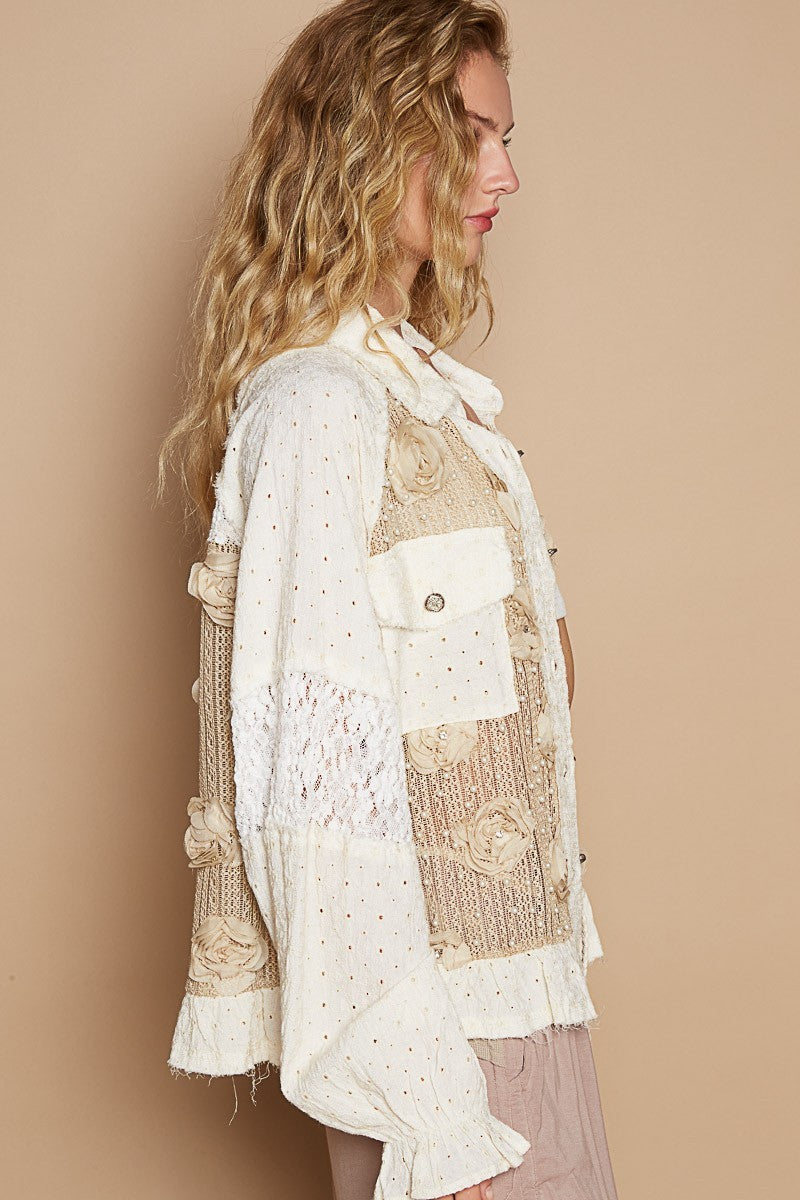 POL Eyelet Flower Pearl Detail Lace Patchwork Shirt