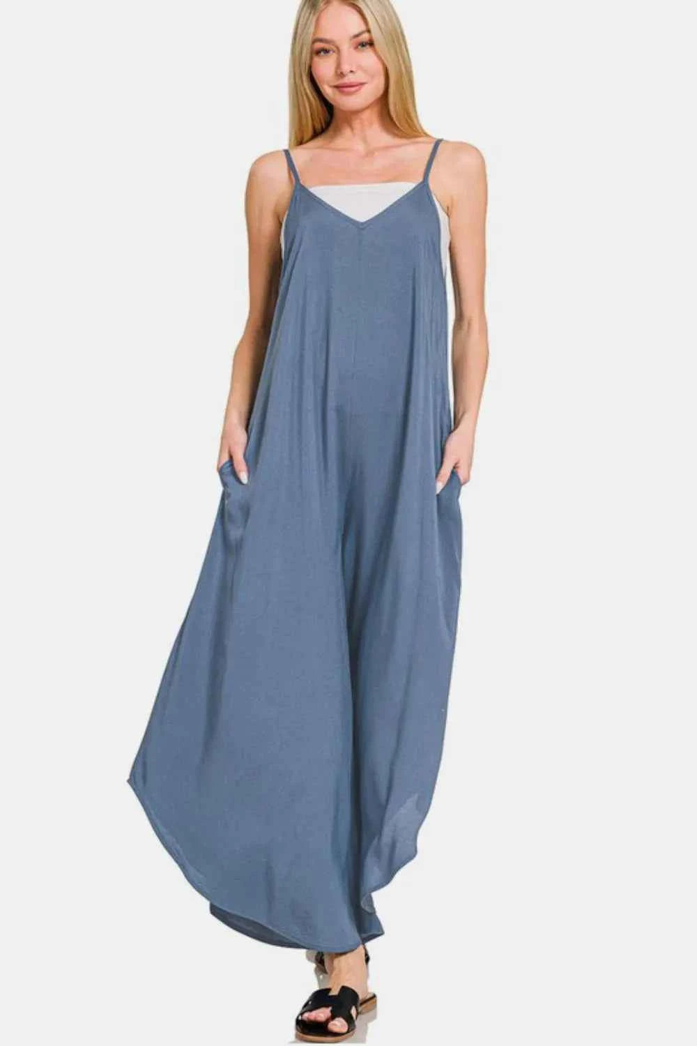 Zenana Spaghetti Strap Wide Leg Overalls with Pockets DUSTY BLUE aa2e1bb1-be60-4efe-8cda-b751222dcf7a-Max