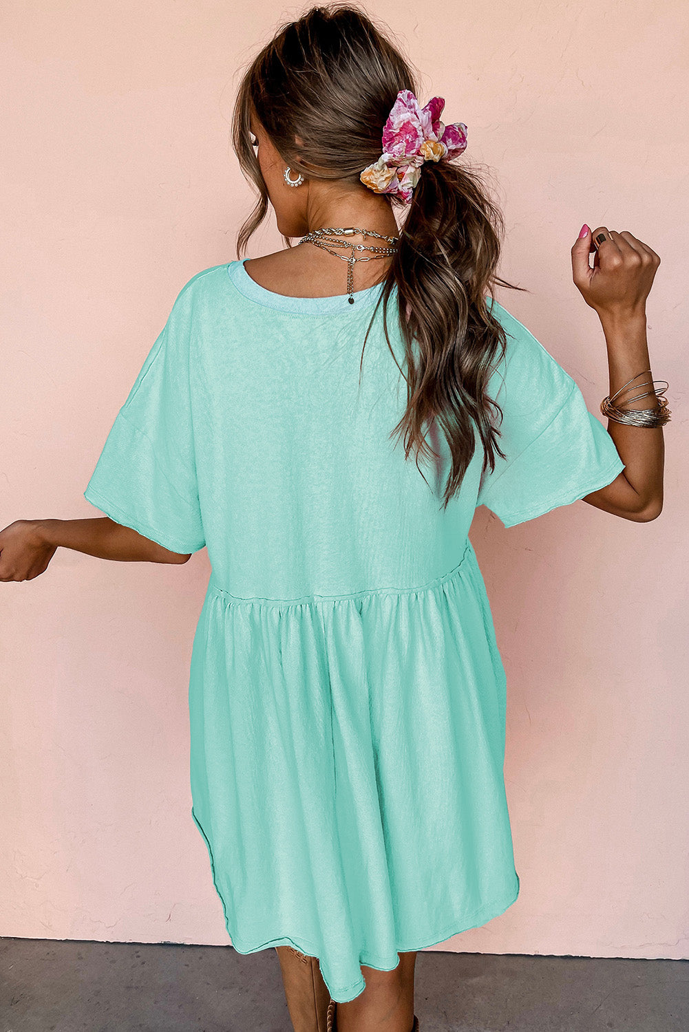 Light Pink Solid Color Pocket Raw Edge Babydoll Dress aa2e5274d2ae6790