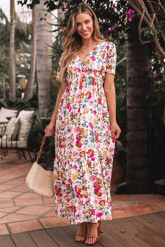 Red Floral Short Sleeve V Neck High Waist Maxi Dress aa2f5f047f23998d