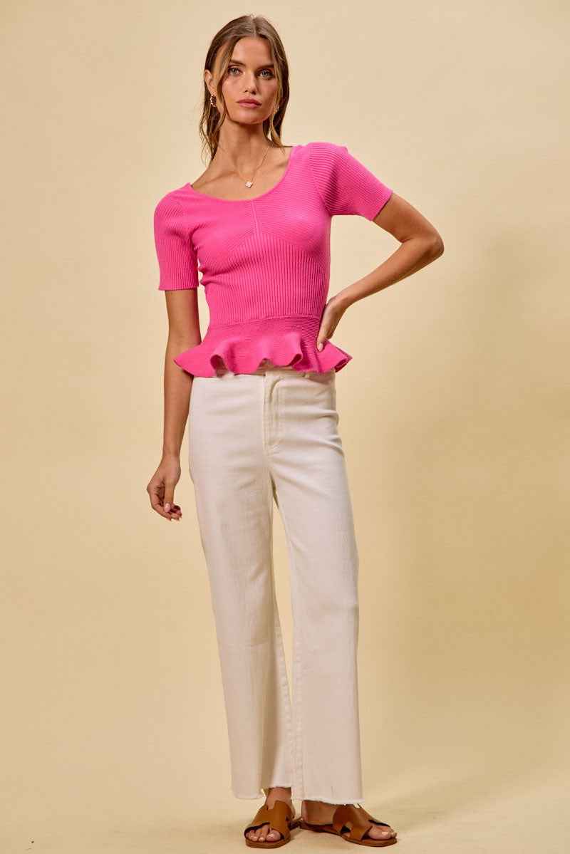 SO ME Ribbed Knit Short Sleeves Peplum Sweater Top aa36a00b2d7543ba9b1dd505420970d3-Max