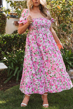 Pink Floral Smocked Puff Sleeve Flowy Midi Dress