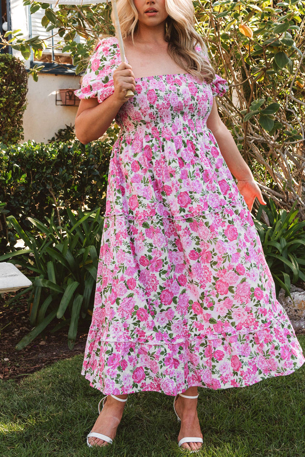 Pink Floral Smocked Puff Sleeve Flowy Midi Dress