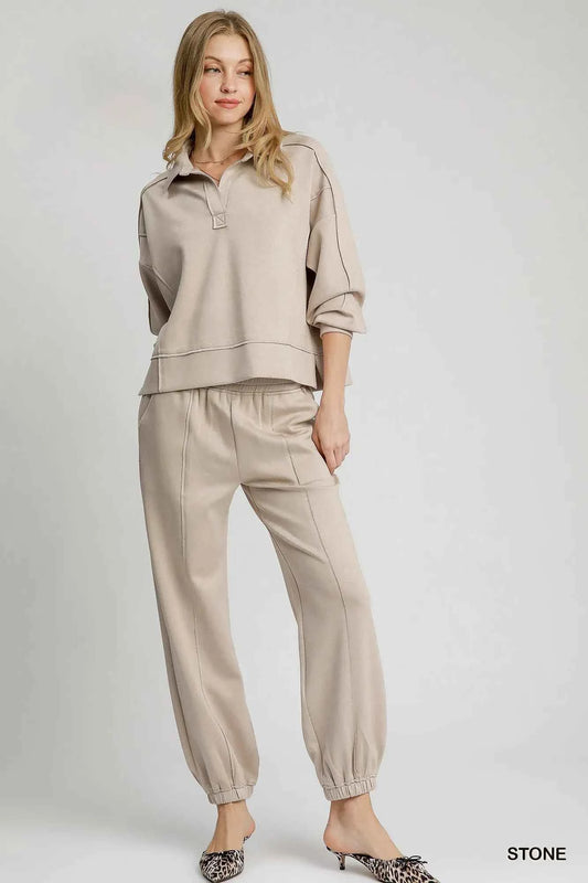 Exposed Seam Long Sleeve Polo Top with Side Slit aa44df62-f391-4756-8e20-cbb070c5bbce-Max-Origin
