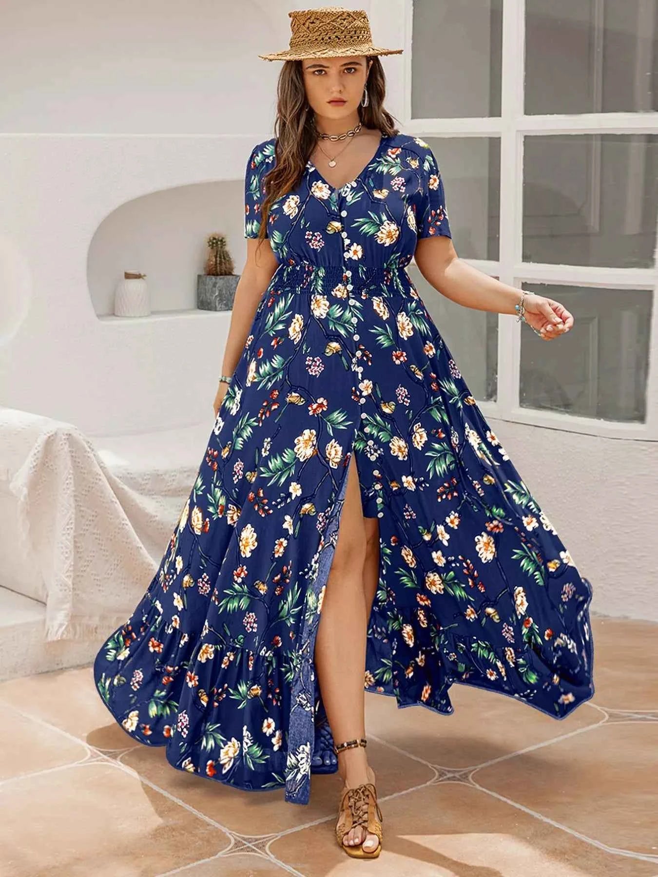 Plus Size Floral V-Neck Short Sleeve Maxi Dress aa496646-2187-49b4-9c5a-d8ac0cc94a5a-Max-Origin