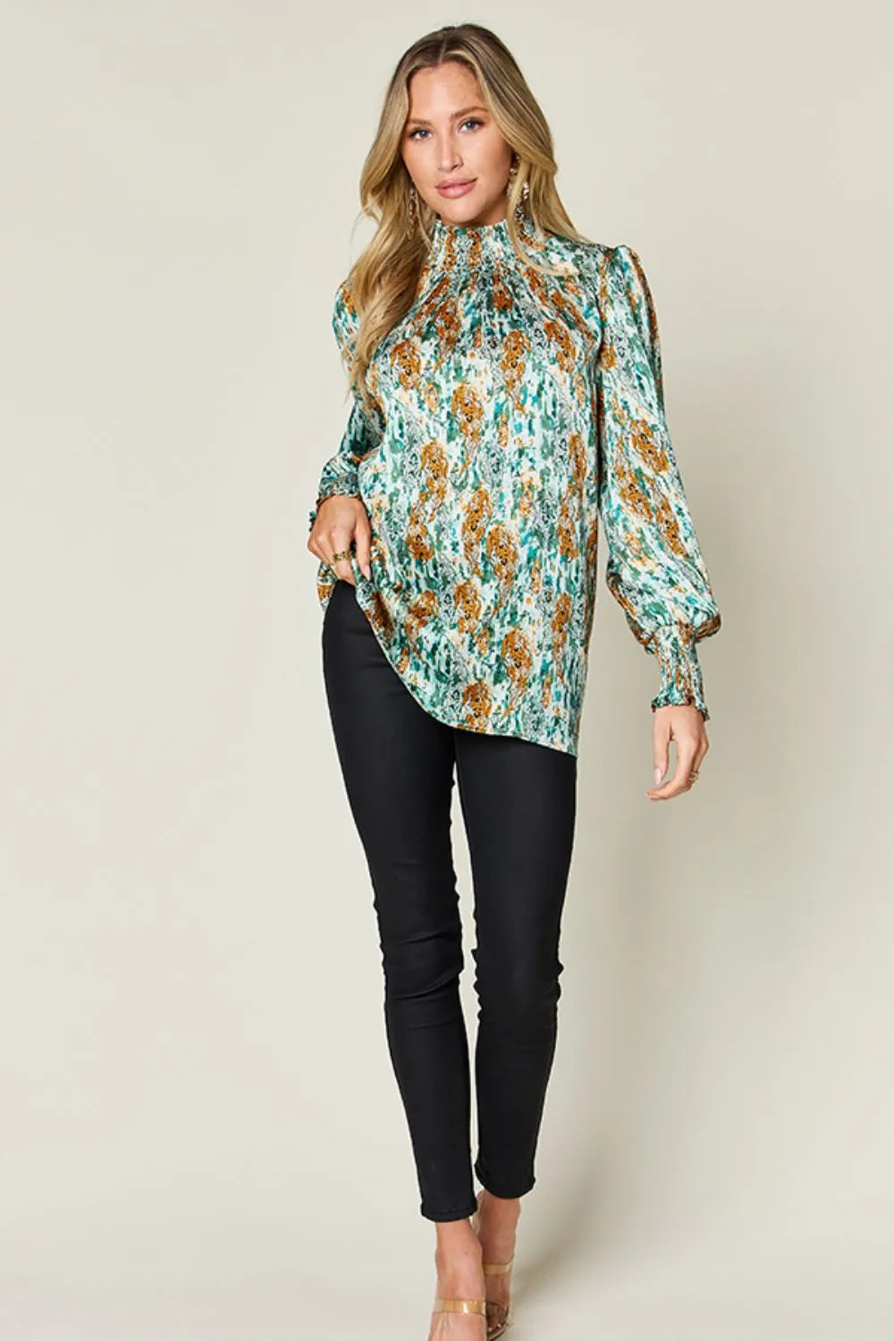 Double Take Full Size Printed Smocked Long Sleeve Blouse aa50c066-541a-46e7-b006-18598f8d0c07-Max