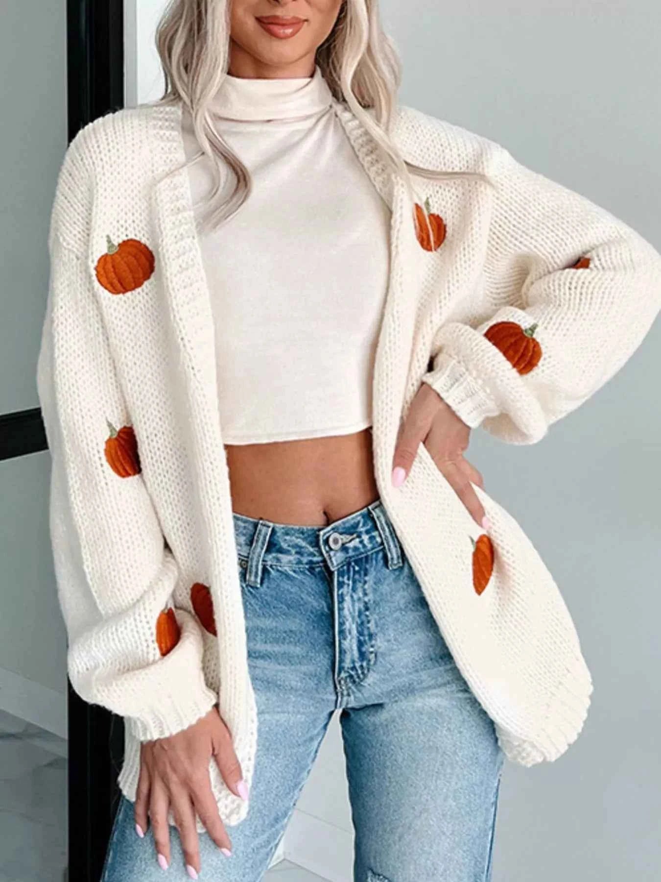 Embroidered Button Up Cardigan White Pumpkin aa5103ee-6e3a-48b5-a454-7a0a7bc9b2c3-Max-Origin