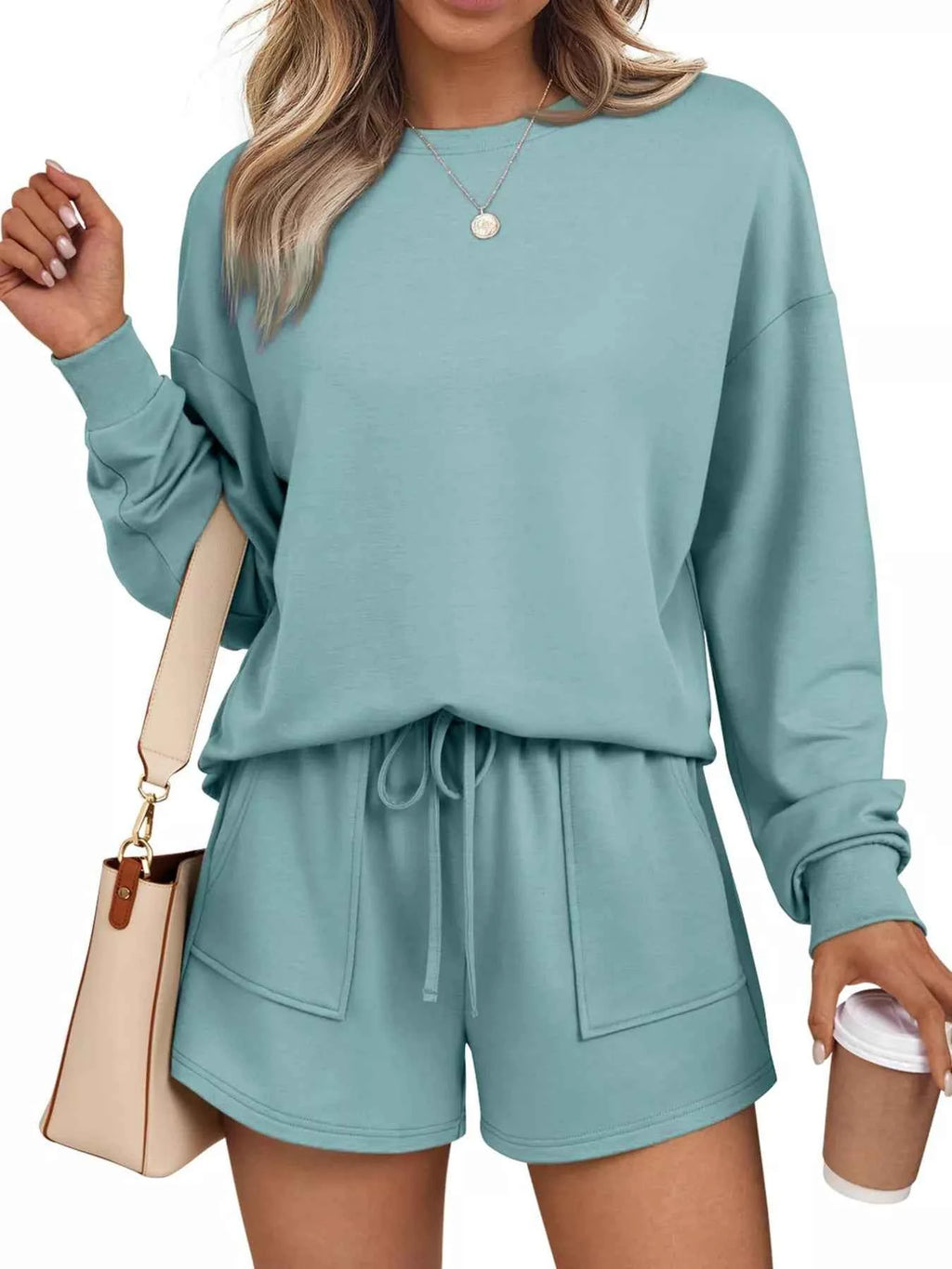 Round Neck Long Sleeve Top and Shorts Set Turquoise aa539dd025f449479e75b141bd2eaa8e-Max-Origin