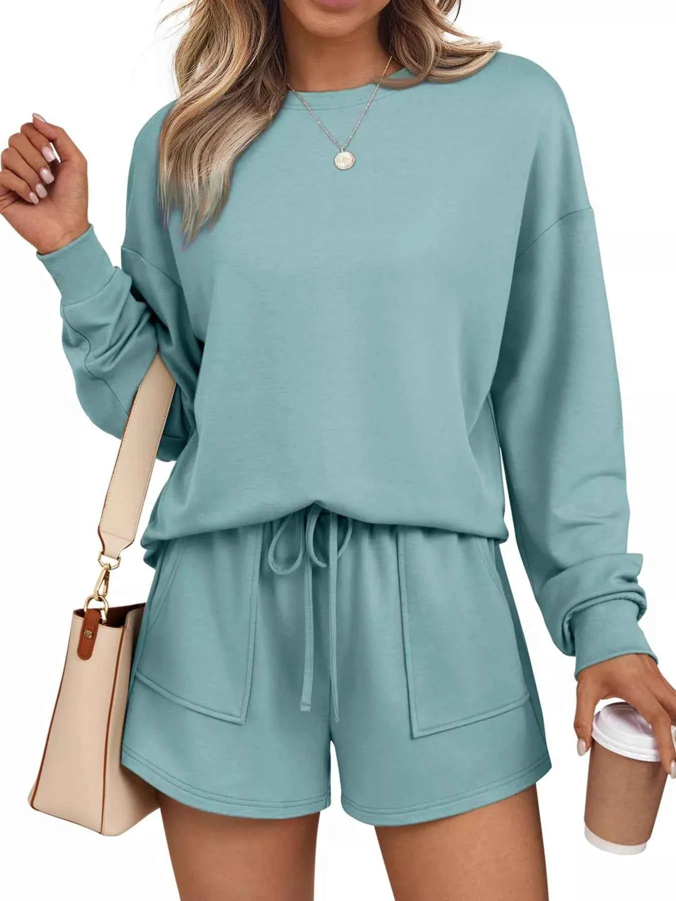 Round Neck Long Sleeve Top and Shorts Set Turquoise aa539dd025f449479e75b141bd2eaa8e-Max-Origin