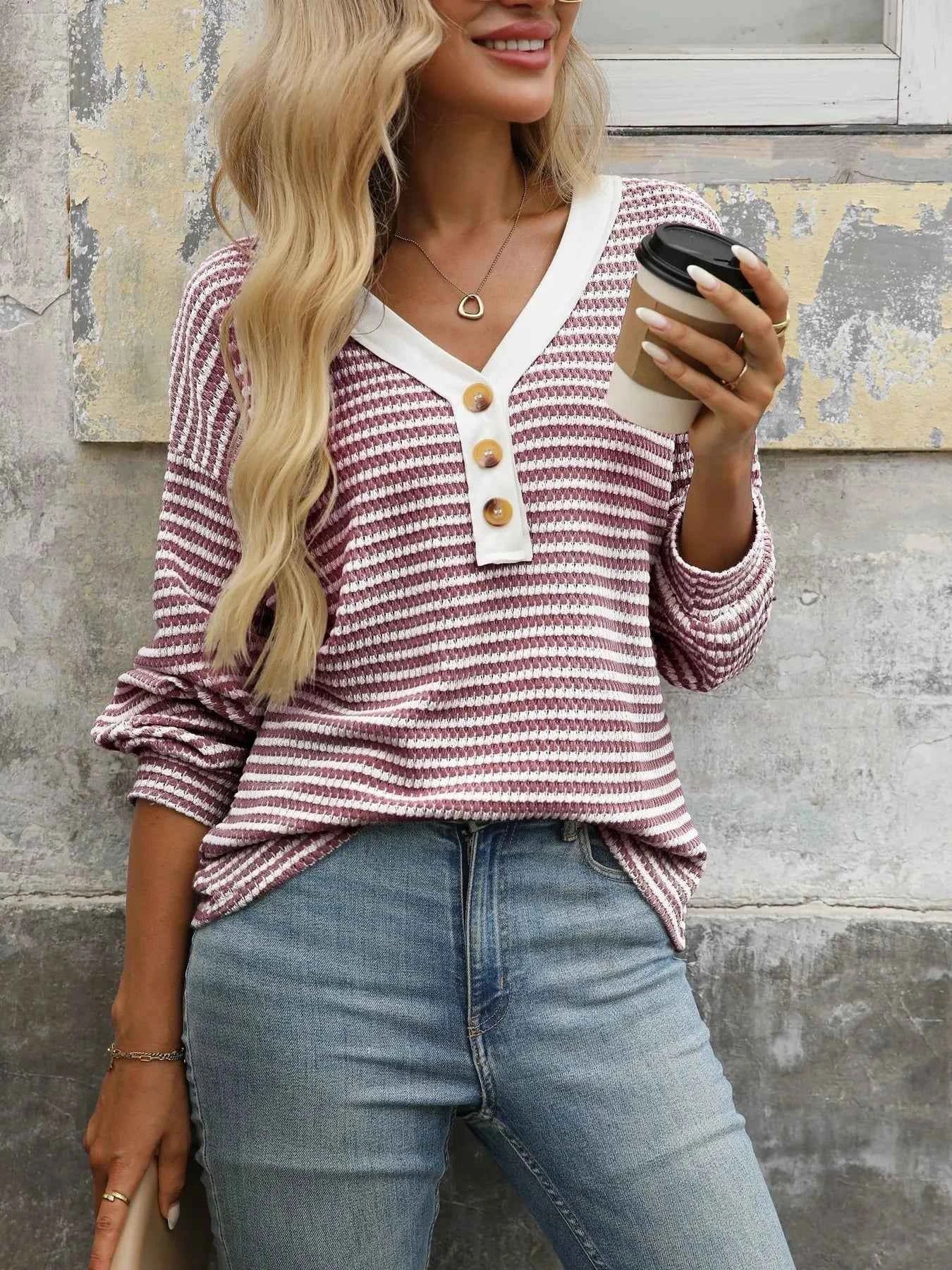 Striped V-Neck Button Front Casual Top aa53fea2414a46a2b1625e319aa035a6-Max-Origin