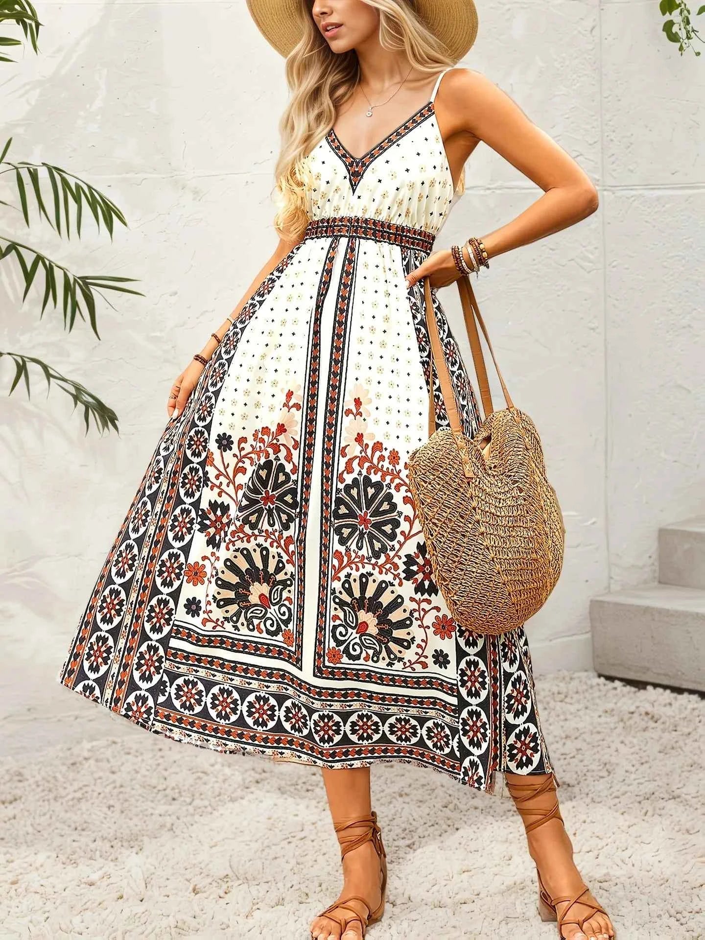 Printed V-Neck Midi Cami Dress White aa547d7b212f45779013e543fdd9fc3a-Max-Origin