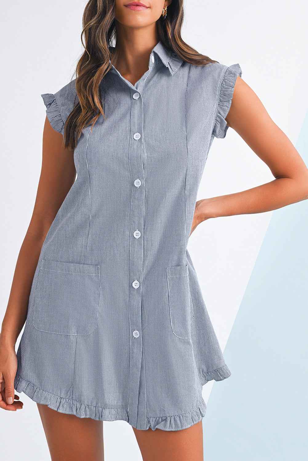 Green Stripe Frill Trim Pocket Button Up Mini Dress aa5e8f6f2b48f427
