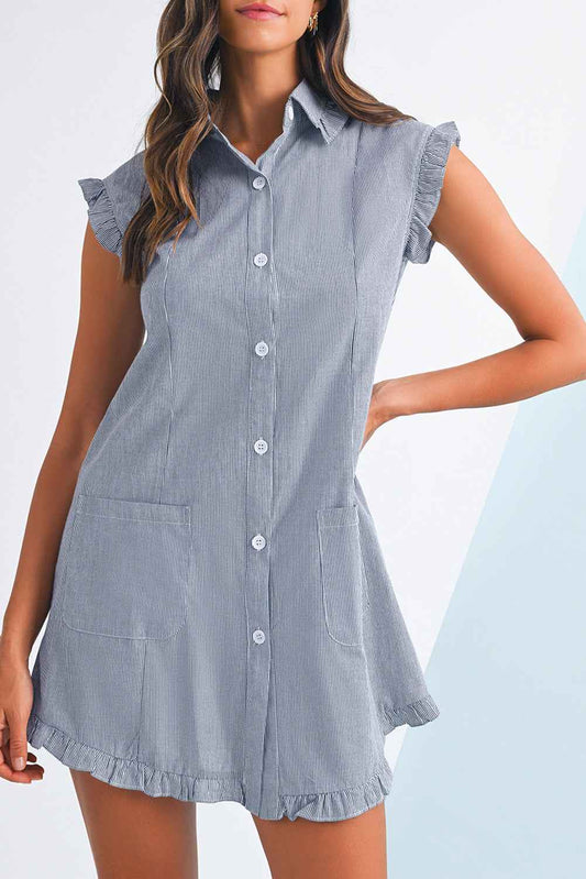 Green Stripe Frill Trim Pocket Button Up Mini Dress aa5e8f6f2b48f427
