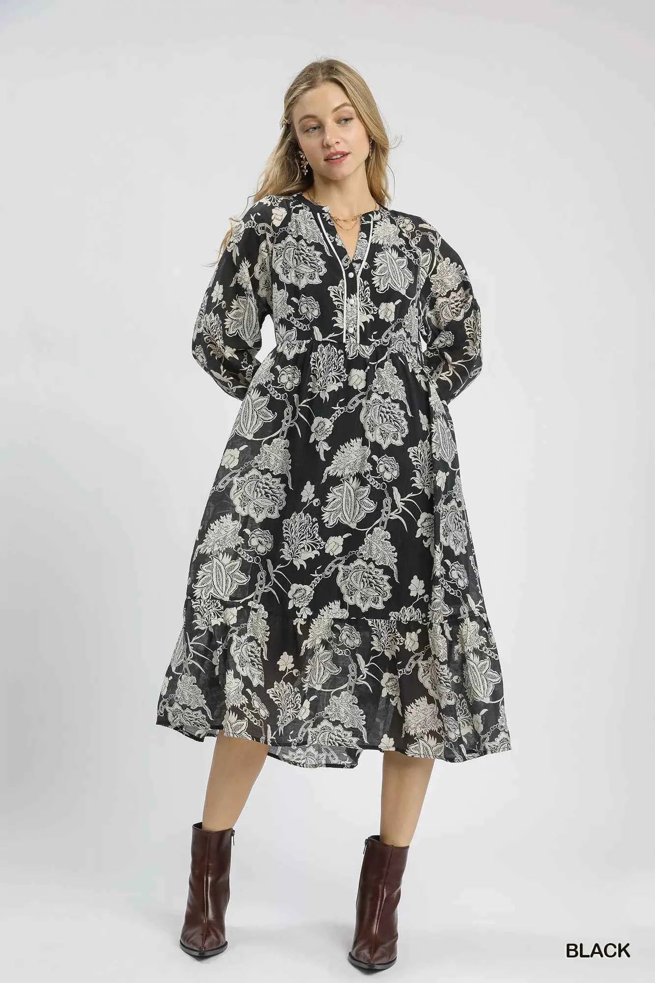 Umgee Floral Print Boho Midi Dress Black aa6209bd-f120-4d0b-a121-557679f78ab7-Max-Origin