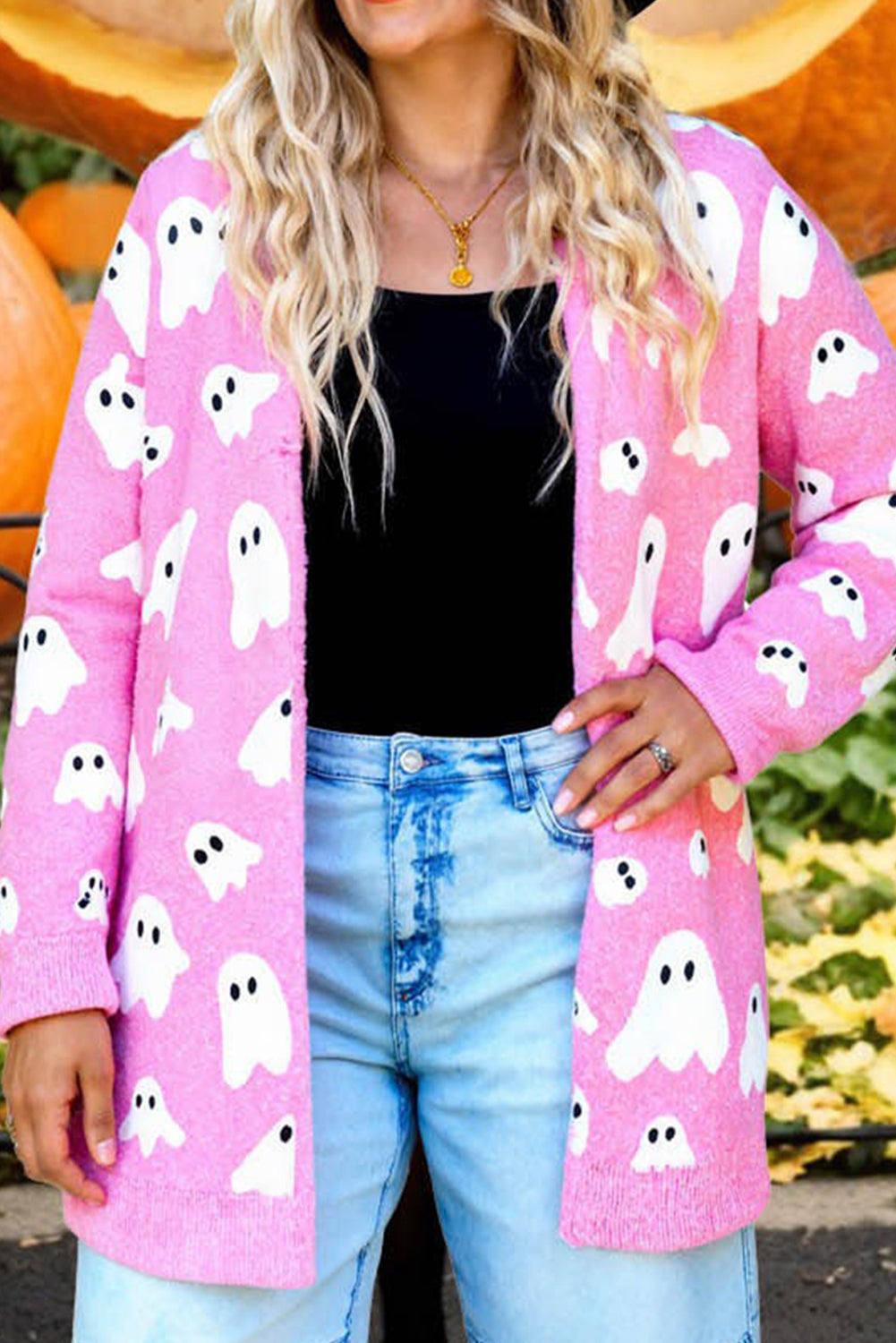 Black Halloween Ghost Pattern Mid length Knitted Cardigan aa66234fdf00bd91