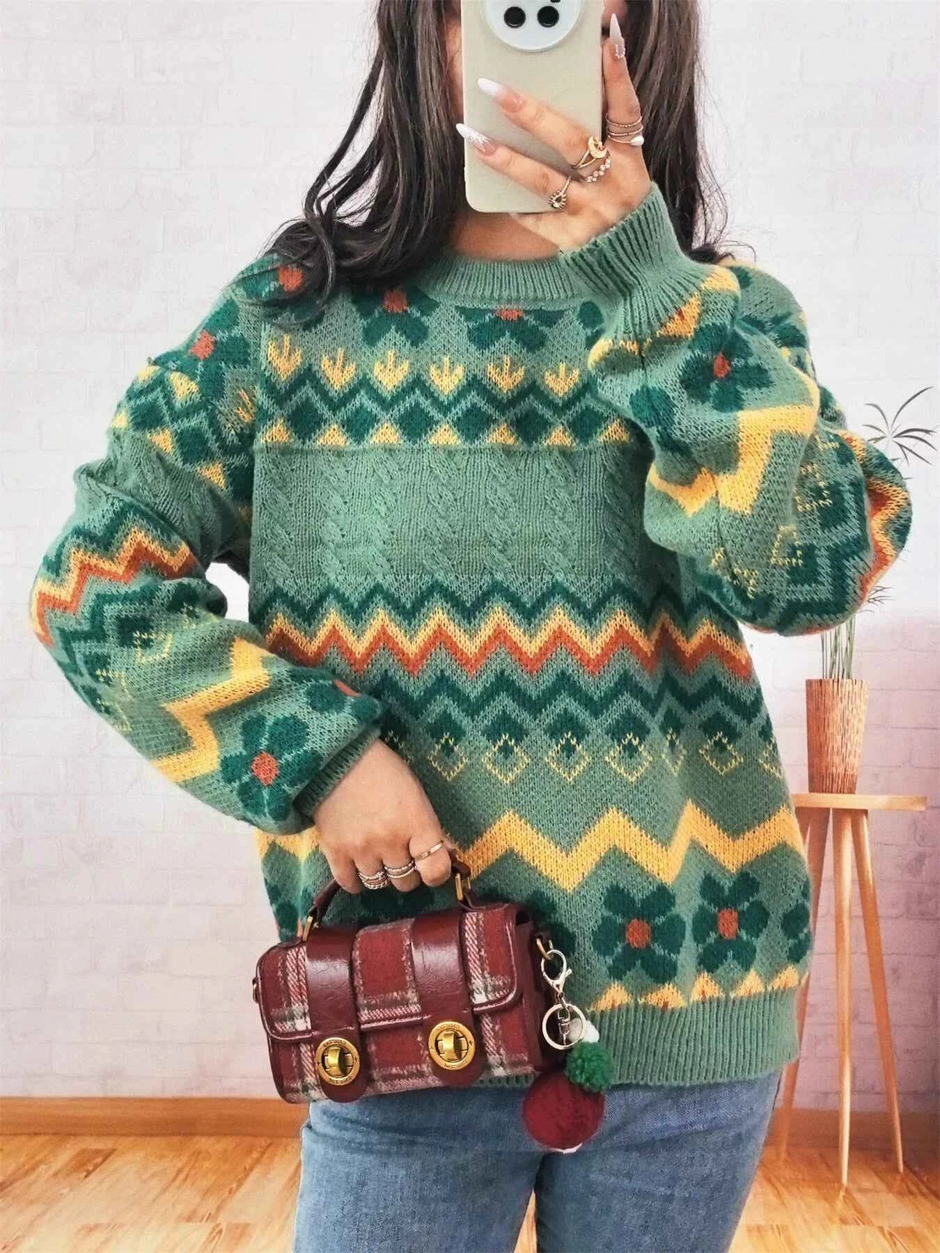 Geometric Round Neck Long Sleeve Sweater aa6a950aa98e435b8b38c0aec0495533-Max-Origin