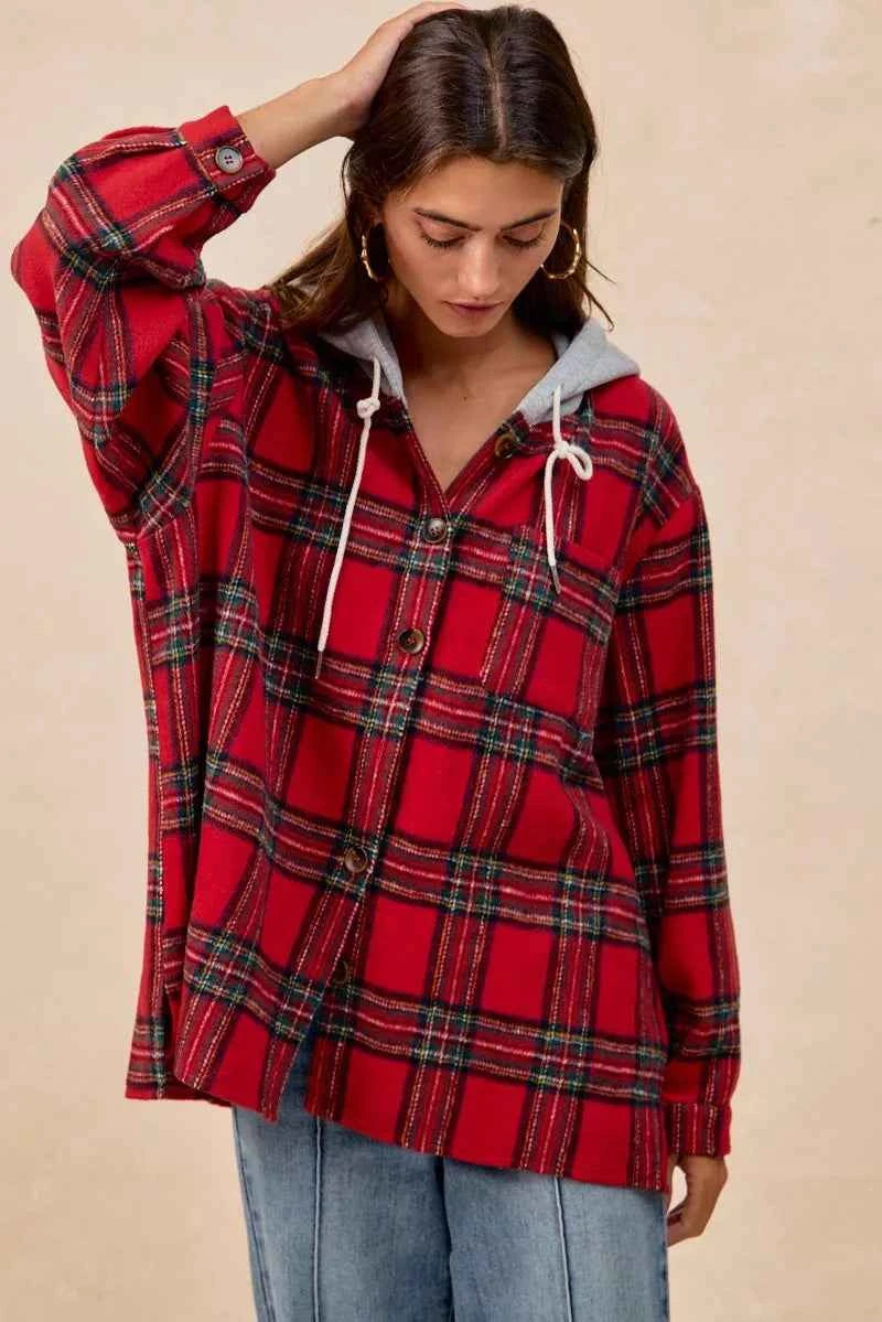 BiBi Brushed Plaid Hooded Jacket aa6f9e9fc37e4dc0b4fa43e08834da9e-Max-Origin